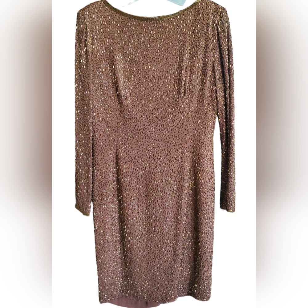A.J. Bari elegant beaded plunging-back silk evening gown copper color size 10